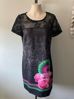 Desigual Floral Crochet Lace Shift Dress Artsy Size 44 or Large